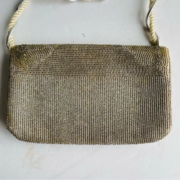 Vintage "RICHERE" Beaded Purse Evening Bag Silver Gold 1960's Hand Made in Japan - Picture 8 of 16
